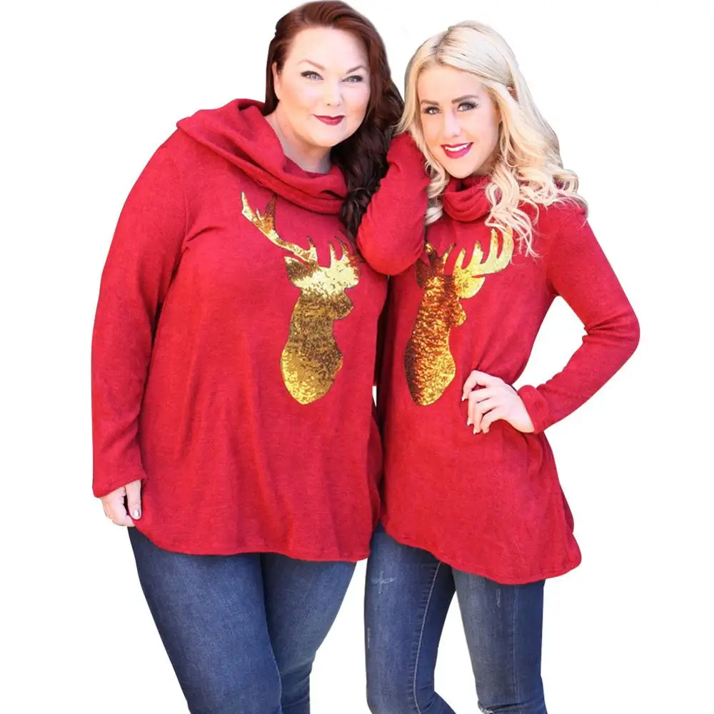 

Women Long Sleeve Pullover Sweatshirt Sequined Golden Deer Christmas New Year Festive Warp Top Female Red Turtleneck Blouse