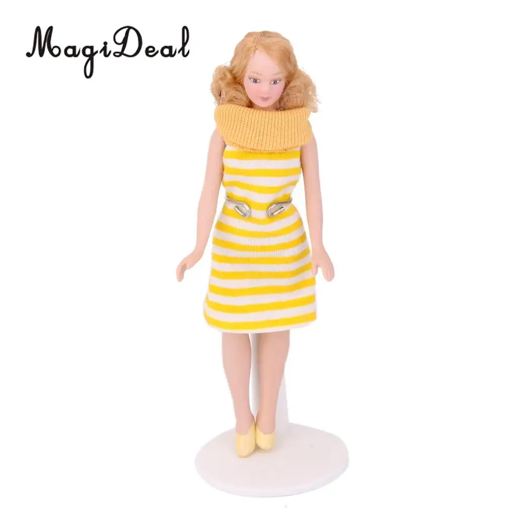 MagiDeal Beatifull Design Dollhouse Miniature Porcelain Doll Lady in Striped Dress for Bedroom Living Room Decor Children Toy