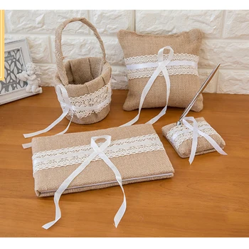 

1 Guest Book + 1 Pen Set + 1 Flower Girl Basket + 1 Ring Pillow Wedding Decorations Set Romantic Wedding Retro Decor Party Favor