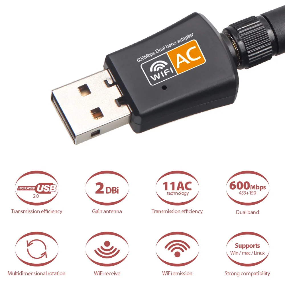 802.11AC 600 Мбит/с 5 ГГц USB Wifi адаптер Wi-Fi антенна 2DBi Поддержка Windows Mac USB Сетевая карта wifi ключ для настольного ноутбука ПК