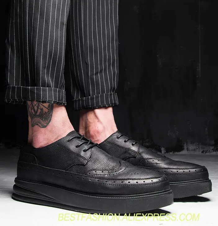 

Brogues men's dress shoes lace up genuine leather flats loafers platform height increasing shoes smart casual carved brogue