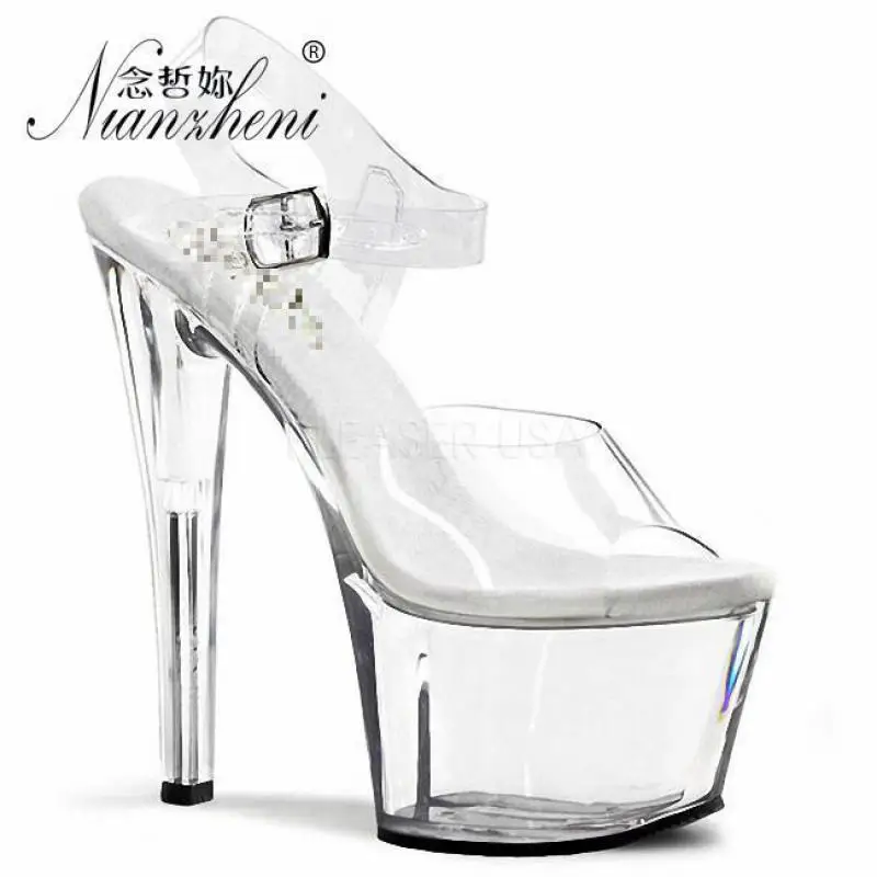 17cm Womens Summer Platform Transparent Sandals Wedding Party Crystal Shoes 7 Inch Sexy Evening Clear Pole Dancing High Heels
