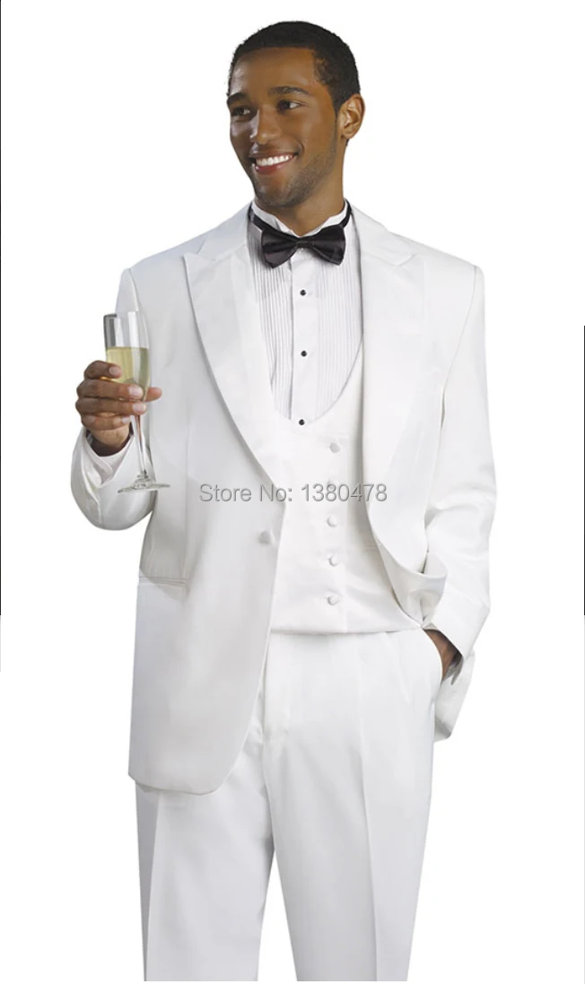 

Custom Made One Button Groom Tuxedos Men White suit Groomsman Peak Lapel Men Wedding/Dinner Suit(Jacket+Pants+Vest+Tie)Free Ship
