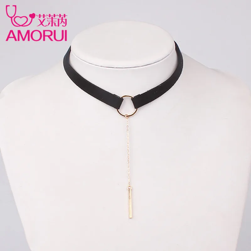AMORUI New 90's Punk Korean Velvet Round Circle Choker Necklace Gold/Silver Color ID Pendant Chain Necklaces for Women Girl Gift