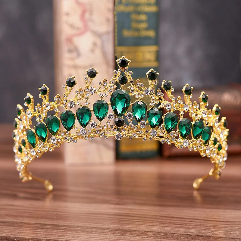 Барокко зеленый синий кристалл Золотая тиара Красная корона свадебные аксессуары для волос лента для принцессы большой queen King Свадебный Венец головной убор