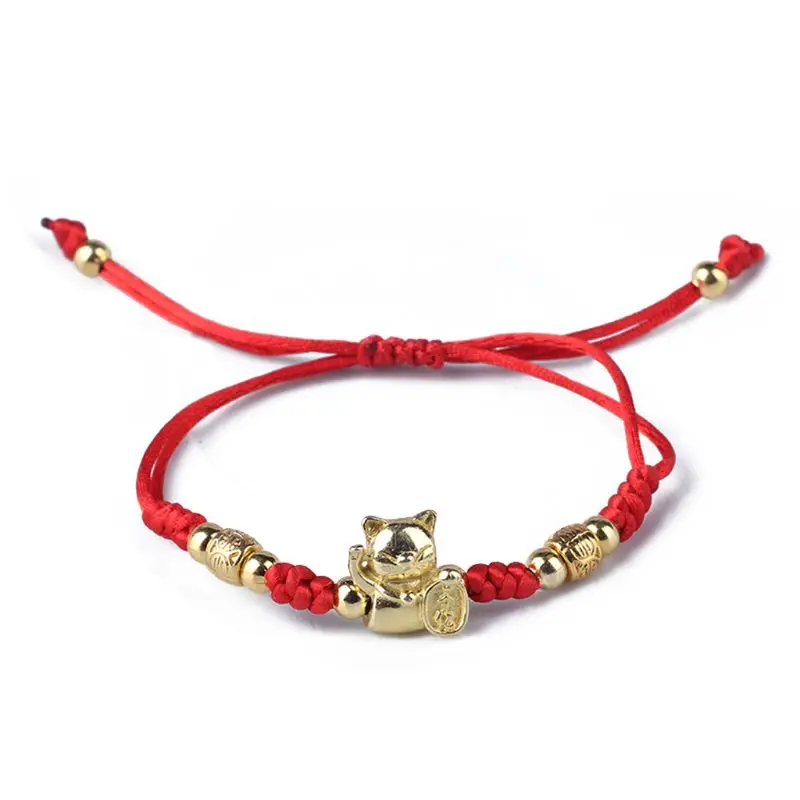 

Wholesale Lucky Gold Fortune Cat Kabbalah Red Braided Bracelet Adjustable Fashion Jewelry