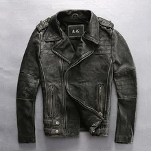 men s winter genuine cow leather male zipper turn down collar cowhide genuine leather vintage rider