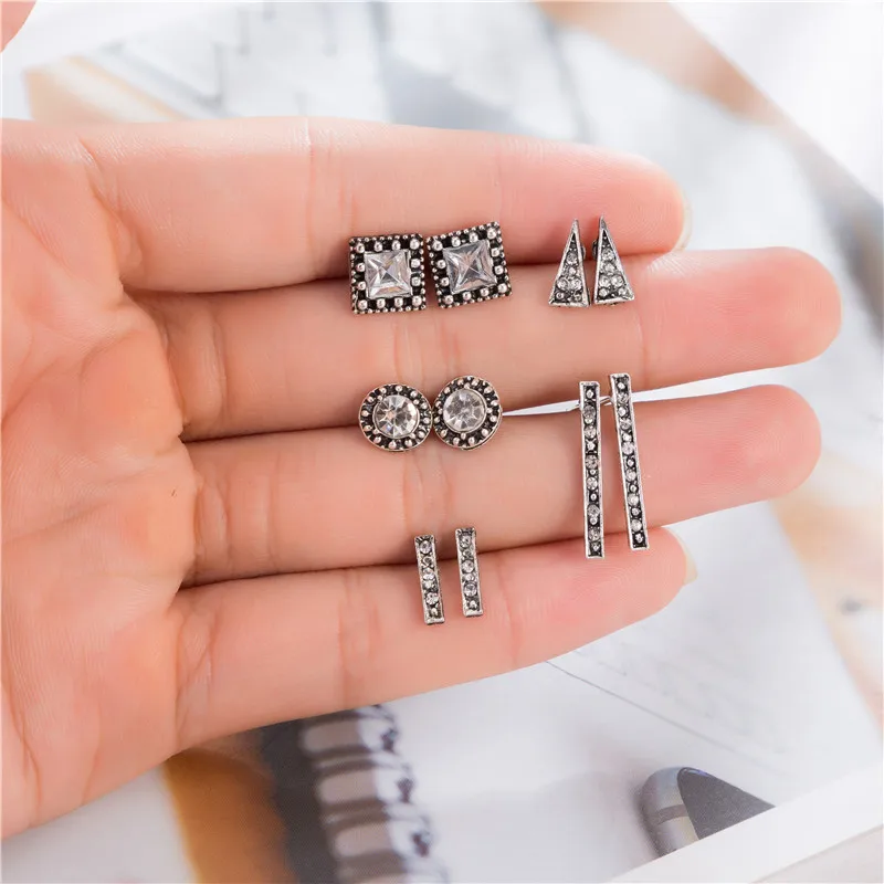 

Vintage Antique Silver Triangle Crystal Round Square Stud Earring Sets For Women Piercing Wedding Jewelry Boucle D'oreille