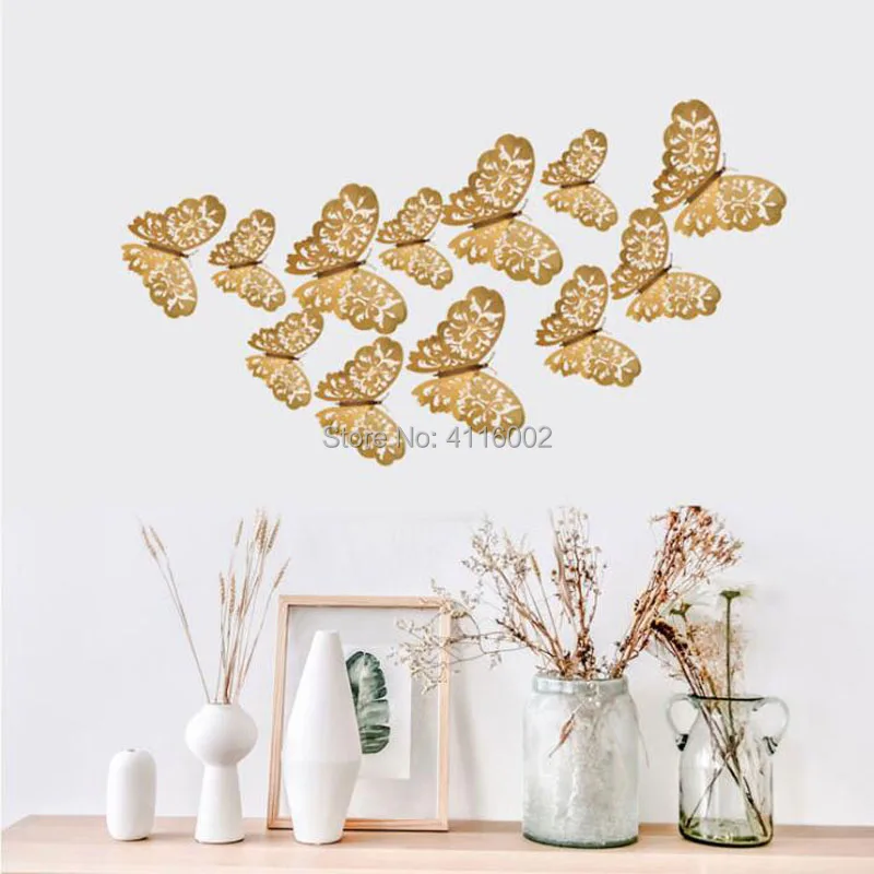 

300Sets 12 Pcs/Set 3D Wall Stickers Butterfly Hollow Paper 3Sizes Silver Gold For Fridge Home Party Wedding Decor