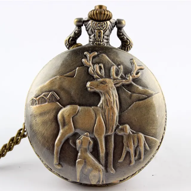 Bronze Quartz Reindeer Peary Caribou Pocket Watch Necklace Pendant Men Gift P47 Bronze Quartz Reindeer Peary Caribou Pocket Watch Necklace Pendant Men Gift P47