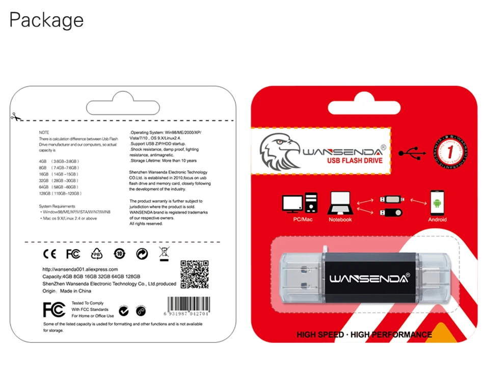 Original WANSENDA USB Flash Drive OTG 2 in 1 USB3.0& Type C Pen Drive 32GB 64GB 128GB 256GB 512GB Pendrive for Type-C Mobile