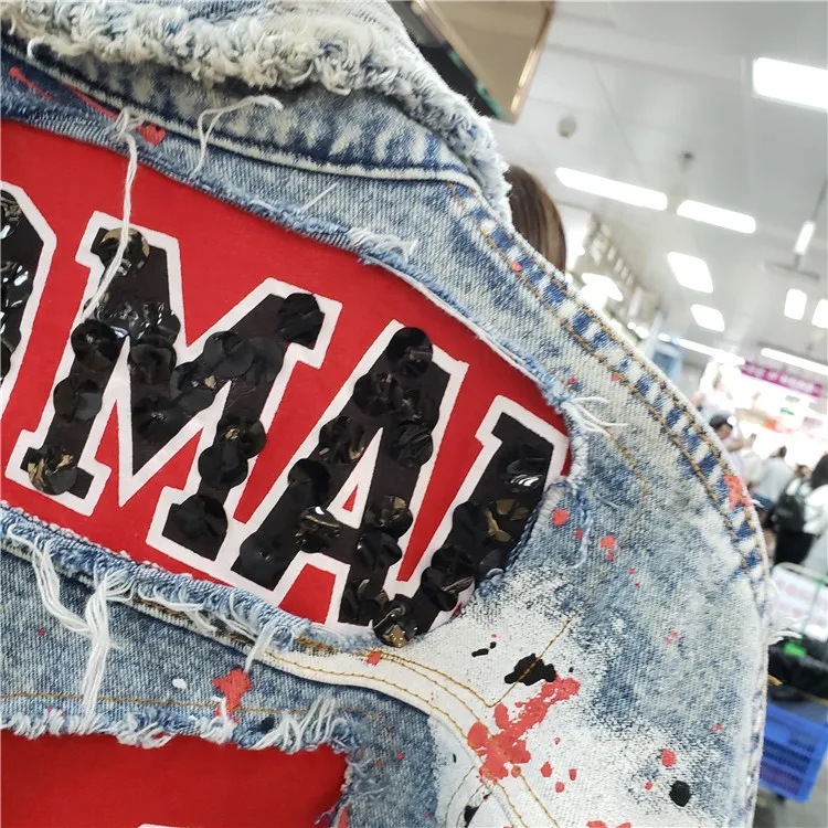Новинка весны и Осень Harajuku граффити печати блёстки джинсовая куртка Женская Свободные джинсы для женщин куртки студент повседневное пальт
