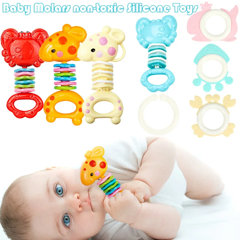 

Safety Baby Rattles Teether Toy Gutta Molar Bars Biting Bells Silicone Teething Appease Toys -17 88 S7JN