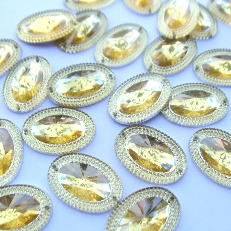 

18*25mm 50pcs Oval Gold Yellow Color Silver Base Sew On Rhinestone Beads, Sew On Stones Spacer buttons for Garment Decoration