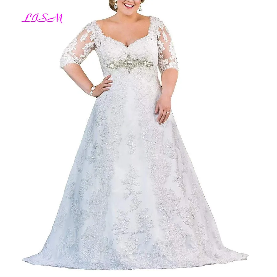 

Plus Size Lace Applique Long Wedding Dress Sweetheart Half Sleeves Bridal Dress with Belt A-Line Sheer Back Tulle Wedding Gowns