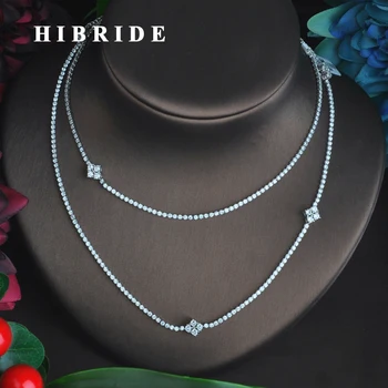 HIBRIDE New Mini AAA Cubic Zircon Double Link Chain Necklace Jewelry For Women Wedding Accessories N-709