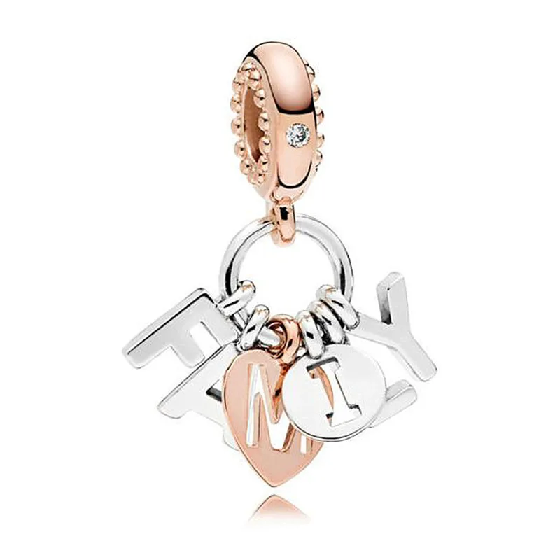 

2019 New 925 Sterling Silver Bead Rose Gold Words Family Hanging Charm Fit Original Pandora Bracelet for Women DIY Jewelry Gift