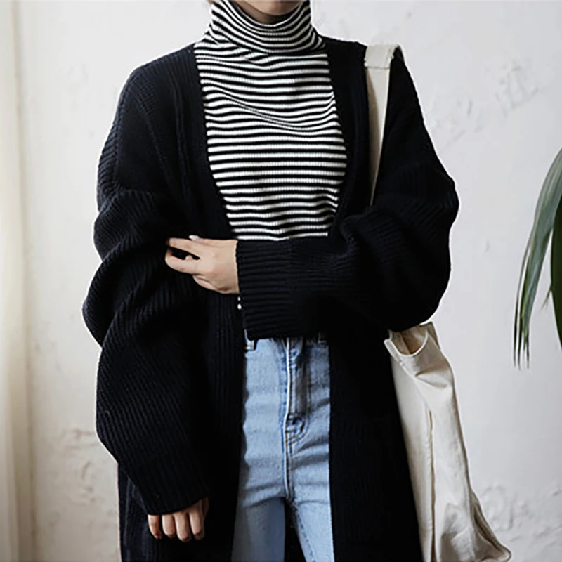 Winter Spring Fashion Casual Clothing Ladies Sweater Long Knit Sweater Women Large Full Sleeve Coat Black Solid Cardigan