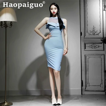 

Plus Size Lace Patchwork Bodycon Dress Women Sleeveless Sheath Elegant Dress Women Solid Midi Wrap Summer Dress 2019 Robe Longue