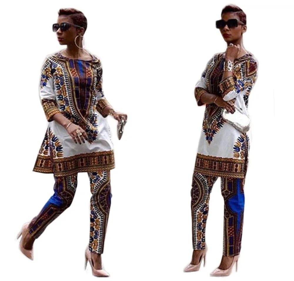 

Woman's Sets Fashion Lady Milk Silk African Gipsy Style Shirts and Long Pants Geometry Pattern High Quality Tops and Bottoms