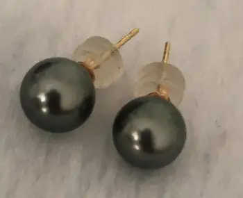 

gorgeous pair of 9-10mm Tahitian round black green pearl earring 18k