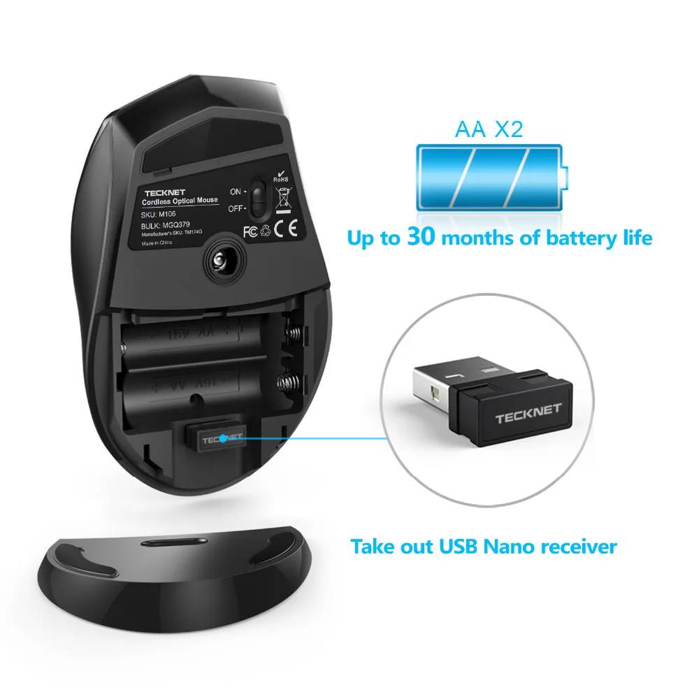 TeckNet Alpha Ergonomic Mice 2.4GHz Wireless Mouse Silent Button with USB Nano Receiver for Laptop Computer 3000/2000/1600/1200