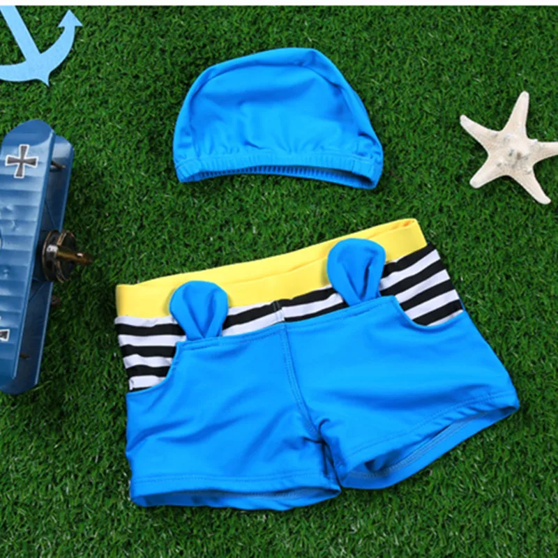 

Boys swimwear with swimming cap Striped Cartoon Children's Swimming Trunks for boys Swimsuit Baby Boy Bathing suit 2T-15T