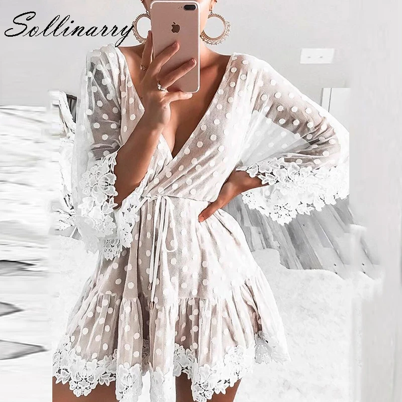 Sollinarry V Neck Dot White Mesh Lace Dress Summer Women Sexy Party Short Dresses Causal Backless Flare Sleeve Dress Vestidos Sollinarry V Neck Dot White Mesh Lace Dress Summer Women Sexy Party Short Dresses Causal Backless Flare Sleeve Dress Vestidos