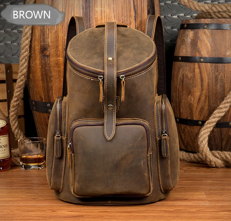 Front View of Woosir Crazy Horse Genuine Leather Mens Backpack Vintage