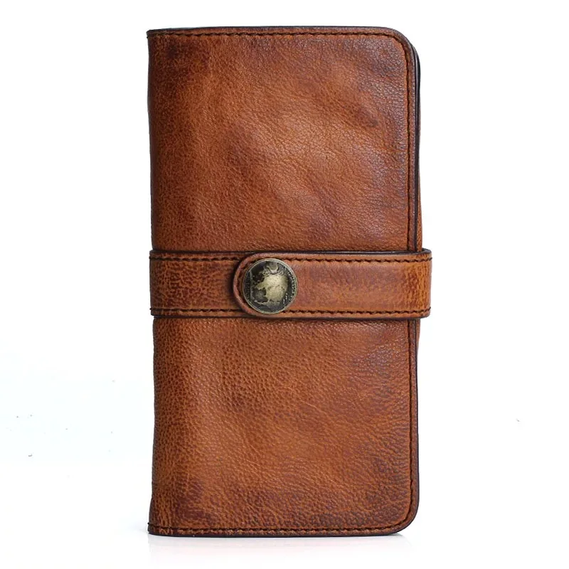 

Unique Retro Designer Genuine Cowhide Leather Tanned Color Male Long Card Wallet Man Wristlets Bag Large Capacity Clutch Purse