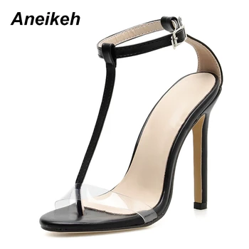 

Aneikeh 2019 Rome PVC Women Sandals Buckle Strap Thin High Heels Round Toe Thin Belt Transparent Black Apricot Party Size 35-40