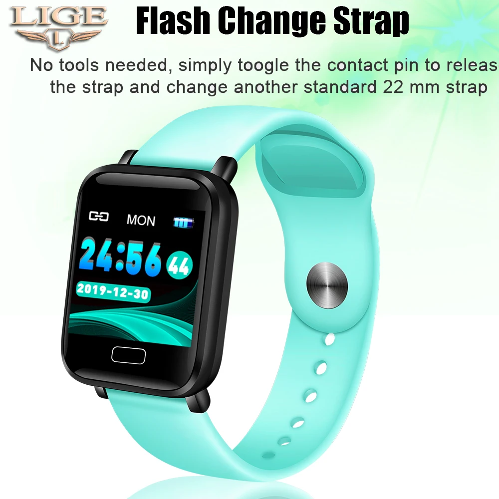 

LIGE Light Blue Smart Sports Watch Waterproof Fitness Bracelet Blood Pressure Heart Rate Monitoring Pedometer Smart Watch Men