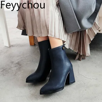 

Women Boots Autumn Winter High Heel Warm Pu Pointed Toe Zip Ankle Chelsea Shoes Thick Heel 2019 New Sexy Fashion Casual Black