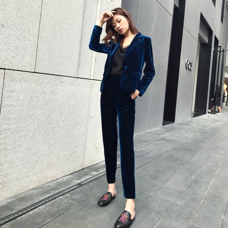 Winter Two Piece Set Korean Women Outfits Clothing Sets Velvet Slim Temperament Suit Top Occupation Velour | Женская одежда
