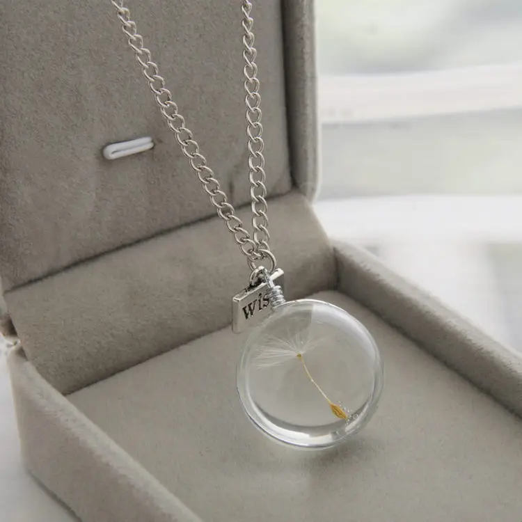 Real Dandelion Crystal Necklace Glass Round Pendants Necklace with Wish Charm Chain Choker Necklace For Women - Image 2