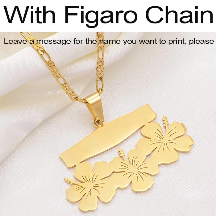 Anniyo Customize Name Letters Pendant Necklaces,Personalized Print Date of Birth or Your Idea Hawaiian Flowers Jewelry#107421 - Окраска металла: With Figaro Chain