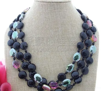 

N120407 20" 3 Strands Round Coin Onyx Faceted Crystal Necklace