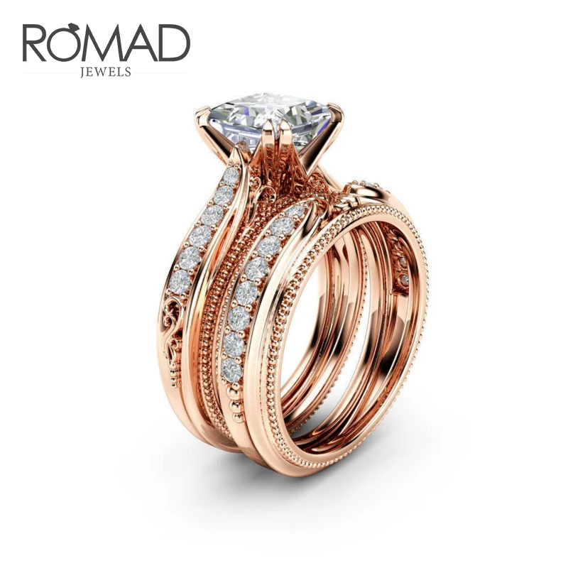 

ROMAD 2pcs/set Ring Set White Cubic Zircon Engagement Ring Rose Gold Wedding Rings For Women anillos Retro Jewelry Size 6-10 R4