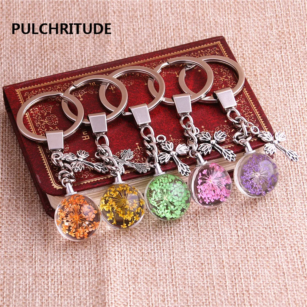 

PULCHRITUDE 2 pcs/lot Metal KeyChain Crystal Glass Ball Dried Flower Pendant Cross Charm Key Ring Jewelry Diy C0560