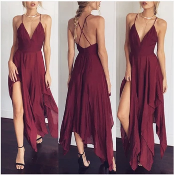 

2017 new fashion Women summer Long asymmetrical dress spaghetti strap deep v-neck backless cross sexy solid slim casual dress