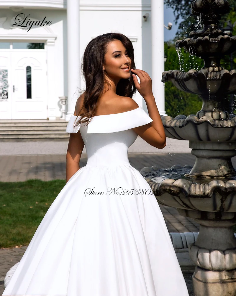 US $239.98 Liyuke Pure White Elegant Satin ALine Wedding Dress With Folden VNeckline Off The Shoulder Wedding Gown
