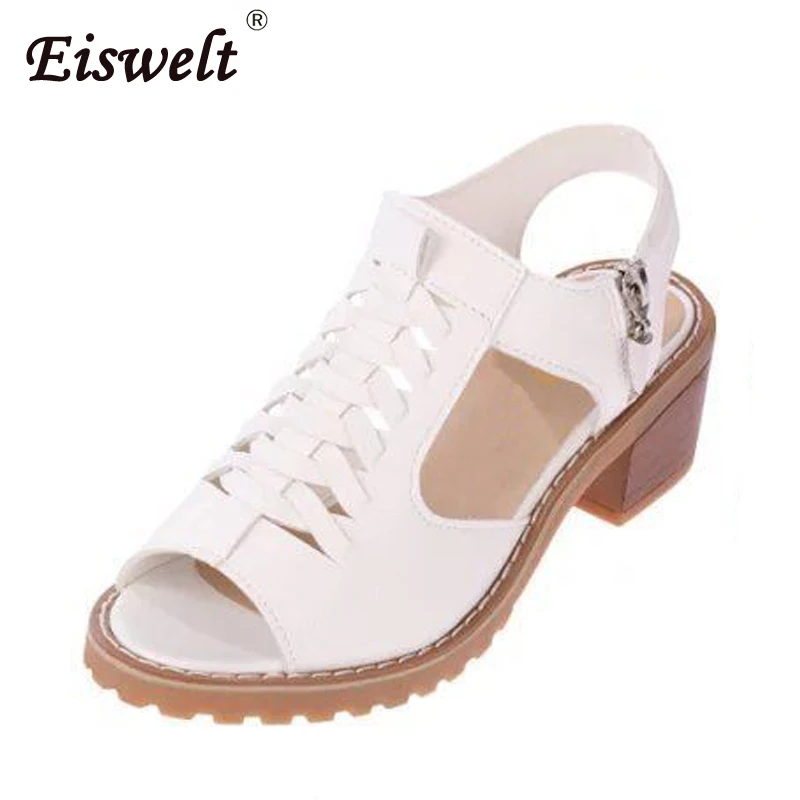 EISWELT Vintage Elegant Mid Square Heel Women S Sandals Summer Style Peep Toe Cross Tied Side