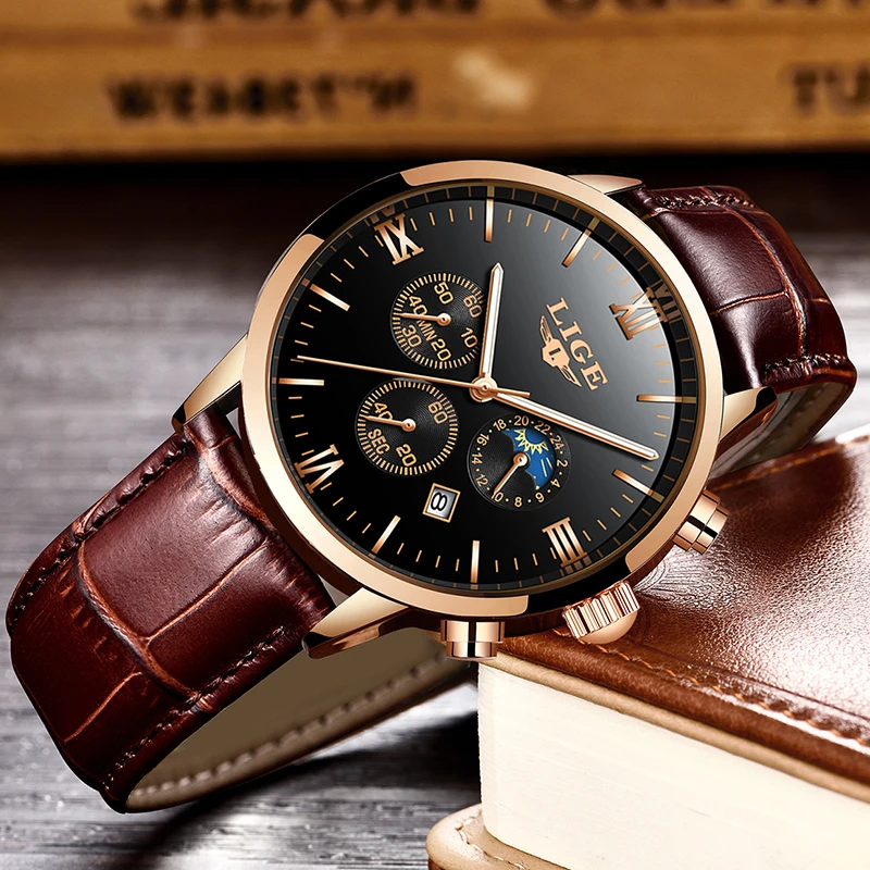 Мужские деловые часы Reloj de hombre LIGE модные кожаные светящиеся многофункциональные