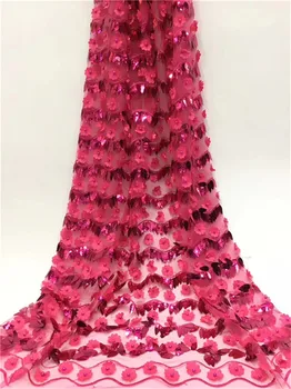 

High Quality Tulle Lace red Color African Lace Fabric With Sequins Beads African French Wedding Lace Fabric For 5yards(DP19-3