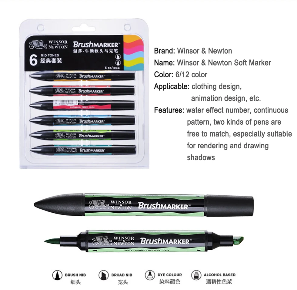 Winsor& Newton brushmarker Twin/двойной головкой мягкие наконечником на спиртовой основе Графический кисточки Маркеры 6/12 Цветов профессиональный дизайн