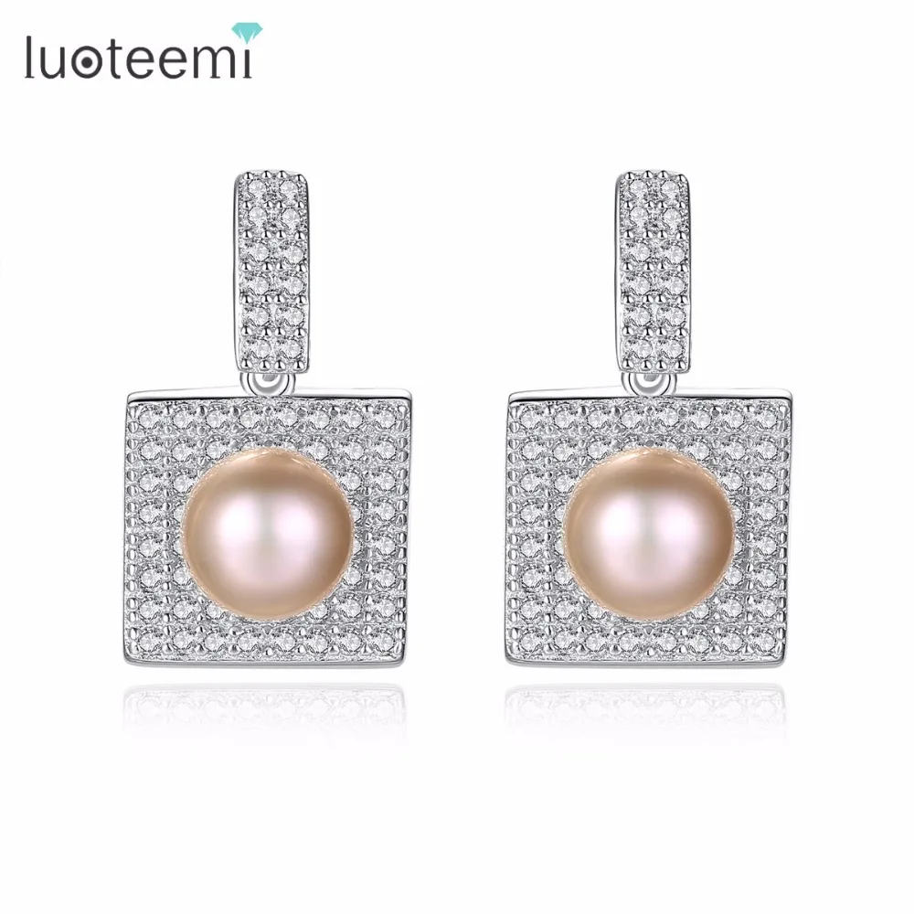 

LUOTEEMI Sterling Silver Jewelry Middle Inlay Freshwater Natural Pearl Square Shape Drop Earrings For Women Fashion Accessories