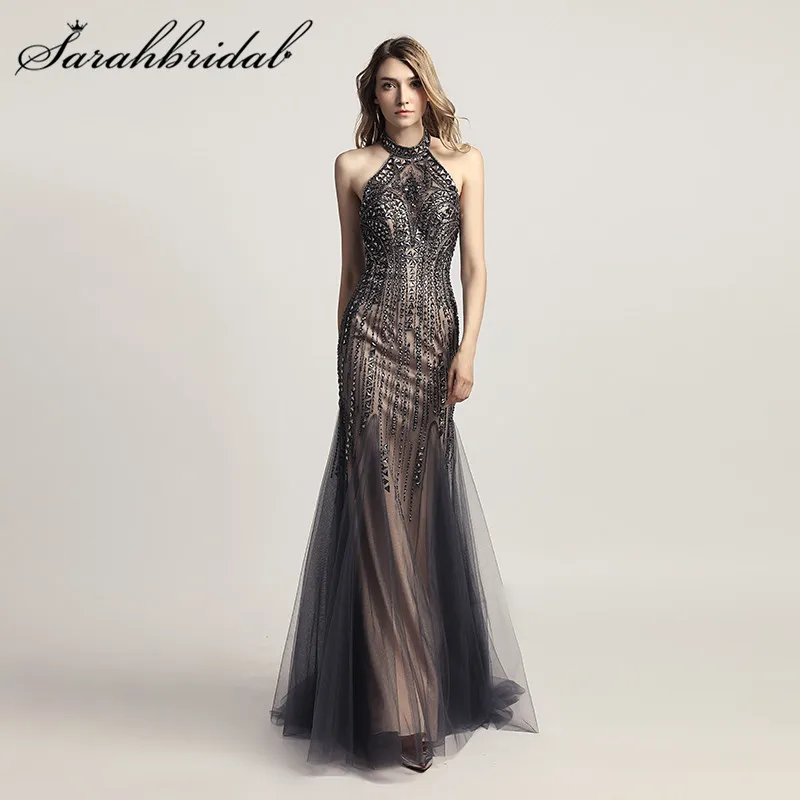 Gorgenous Peach Evening Dresses Formal Long Mermaid Tulle with Beading Crystals Backless Gray Robe de Soiree Prom Gowns CC437