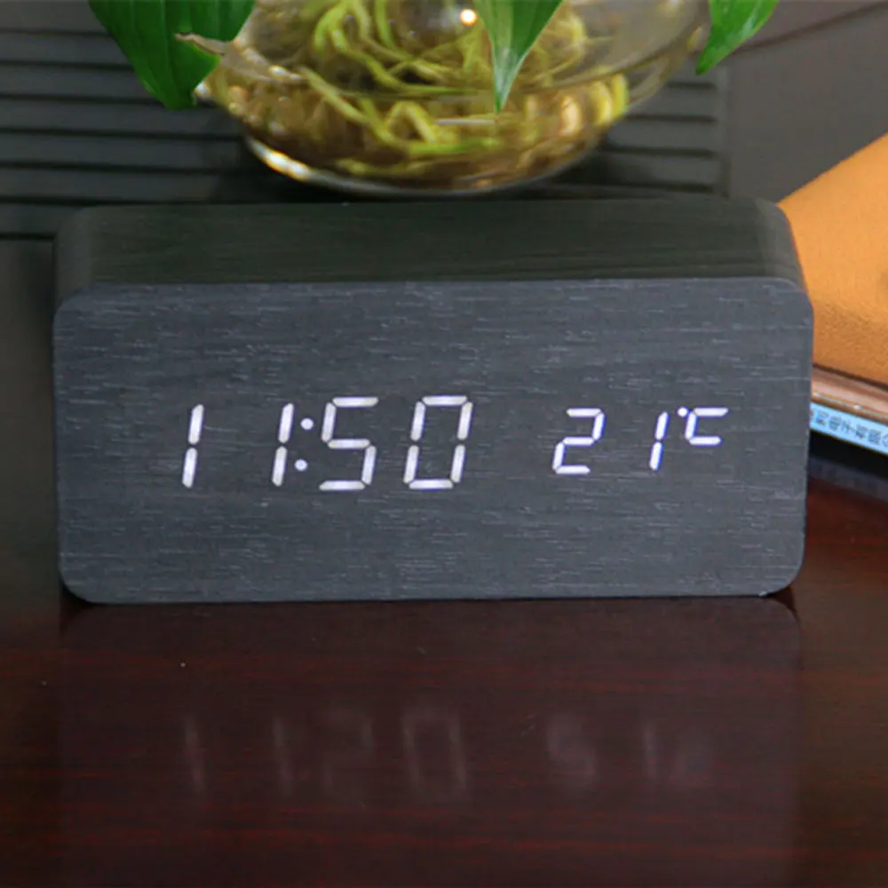 Wooden LED Alarm Clocks Morden Temperature Electronic Clock Sounds Control Digital Table Clock with Calendar for Bedroom Office