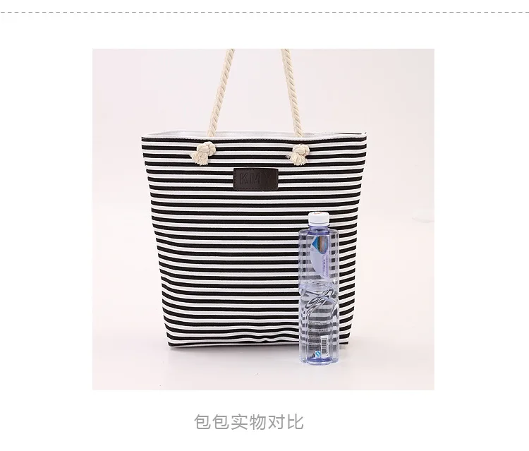 ZYJ Female Striped Canvas Shoulder Casual Tote Bag Pack Drawstring Hemp Rope Handbag Shopping Hand Bucket Grocery Beach Bag (2)