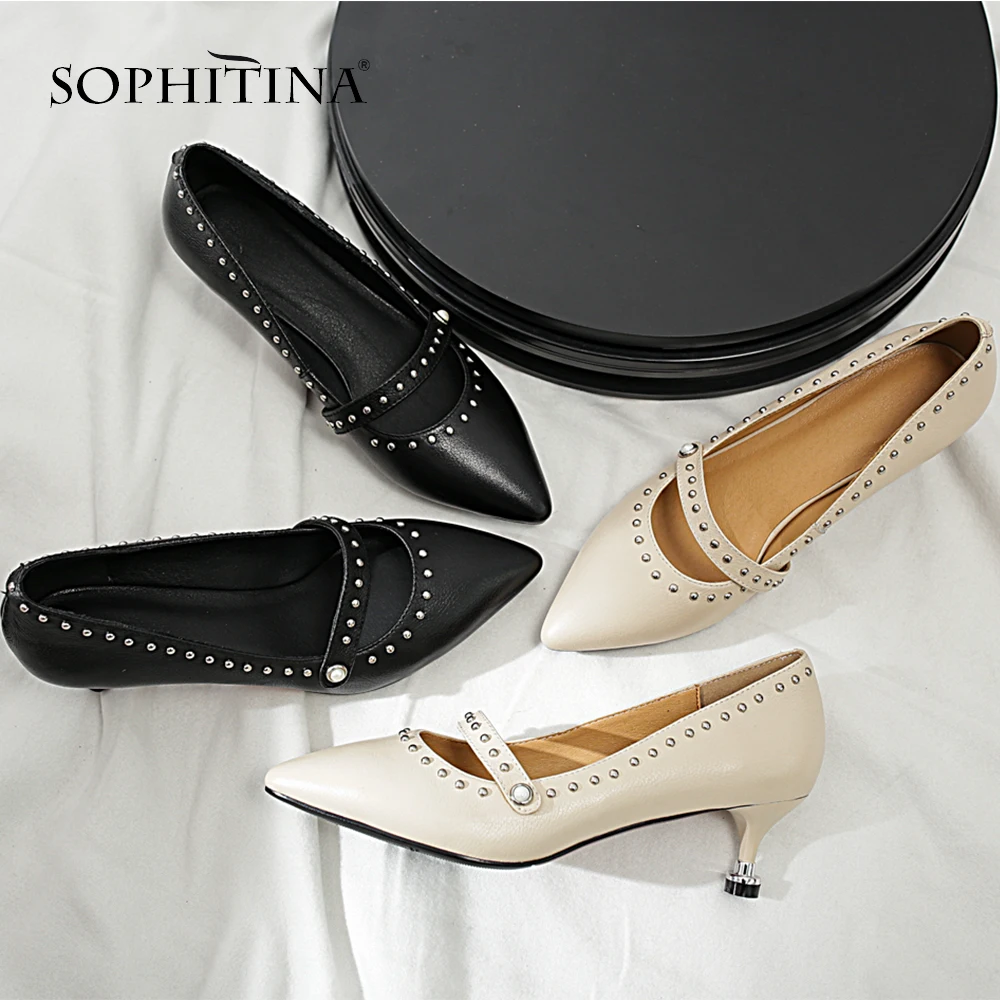 

SOPHITINA New Casual Pumps Solid Genuine Leather Sexy Pointed Toe Fashion Buckle Strap Shoes Spring Metal Decoration Pumps SO71